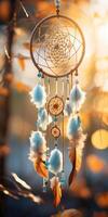 AI generated Dreamcatcher in the autumn forest, ethnic amulet, symbol. Generative AI photo