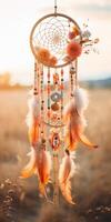 AI generated Dreamcatcher in the autumn forest, ethnic amulet, symbol. Generative AI photo