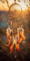 AI generated Dreamcatcher in the autumn forest, ethnic amulet, symbol. Generative AI photo