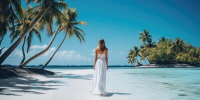 AI generated young beautiful woman in white dress on tropical beach, water background. Generative AI photo