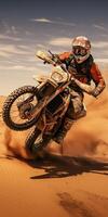 AI generated Vertical shot of a racer on a motorcycle in the sandy desert. Generative AI photo