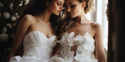 ai generado novias en lujoso vestidos de cerca. generativo ai foto