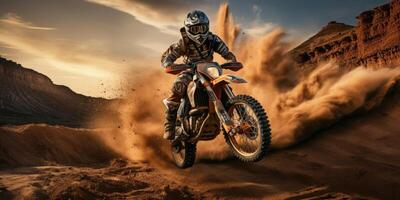 AI generated Extreme motorcycle riding. Racer in the sandy desert. Generative AI photo