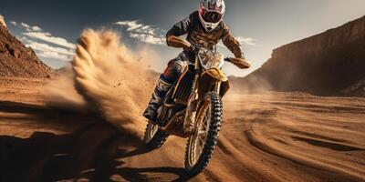 AI generated Extreme motorcycle riding. Racer in the sandy desert. Generative AI photo