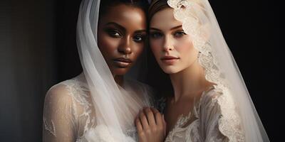 AI generated Gorgeous bride in wedding dress having fun with bridesmaid. Generative AI photo