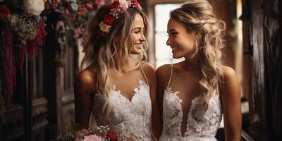 ai generado novias en lujoso vestidos de cerca. generativo ai foto