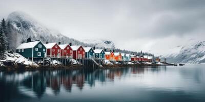 AI generated lake houses, scandinavian style. Minimalism. Image for poster. Generative AI photo