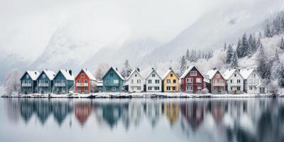 AI generated Gorgeous scandinavian style houses, Image for postcard or poster. Generative AI photo