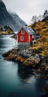 AI generated lake houses, scandinavian style. Minimalism. Image for poster. Generative AI photo