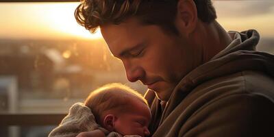 ai generado padre sostiene su recién nacido hijo en su brazos en pie a el ventana. generativo ai foto