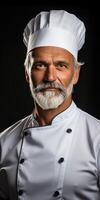 AI generated Close-up portrait of a male chef in white tunic on dark background. Generative AI photo