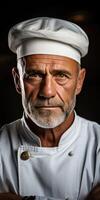 ai generado de cerca retrato de un masculino cocinero en blanco sayo en oscuro antecedentes. generativo ai foto