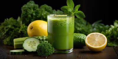 AI generated Green eco-friendly juice from cucumber and mango in glass on a dark background. Generative AI photo