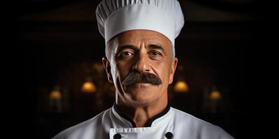 ai generado un masculino cocinero en un blanco sayo y gorra, en un restaurante en oscuro antecedentes. generativo ai foto