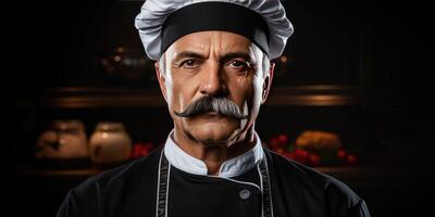 ai generado retrato de un masculino cocinero en un oscuro antecedentes de cerca. generativo ai foto
