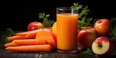 AI generated Fresh egg and carrot juice with herbs in a glass on wooden table. Generative AI photo