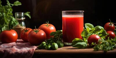 ai generado tomate jugo en vaso, delicioso maduro Tomates en el mesa. cosecha. generativo ai foto