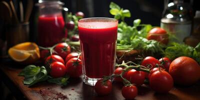 ai generado tomate jugo en vaso, delicioso maduro Tomates en el mesa. cosecha. generativo ai foto