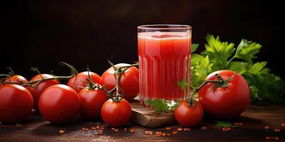 ai generado tomate jugo en vaso, delicioso maduro Tomates en el mesa. cosecha. generativo ai foto