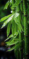 AI generated vertical shot of bamboo branches with raindrops. Generative AI photo