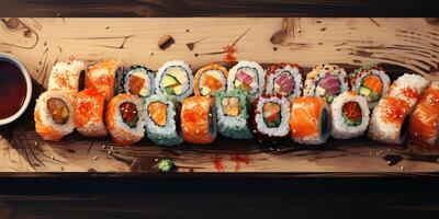 AI generated illustration Set of different types of sushi and rolls on wooden board. Generative AI photo