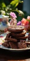 AI generated handmade chocolate homemade cookies, floral summer background. Generative AI photo