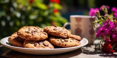 AI generated Sweet cookies with chocolate chips on wooden background in a plate. Generative AI photo