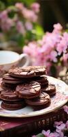 AI generated handmade chocolate homemade cookies, floral summer background. Generative AI photo