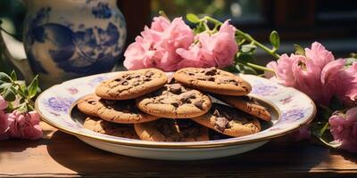 AI generated Chocolate chips cookies with selective focus. Generative AI photo