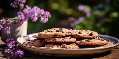 AI generated Chocolate chips cookies with selective focus. Generative AI photo