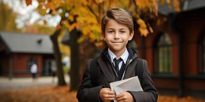 AI generated boy with textbooks, first day of school. Back to school. Generative AI photo