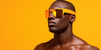 AI generated American sports man on a yellow background, space for text. Generative AI photo