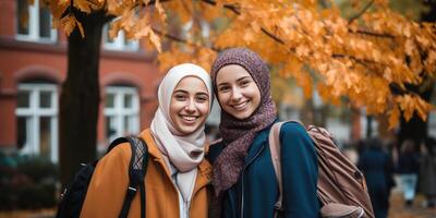 AI generated Two beautiful Muslim women girls in hijab go to school. Generative AI photo