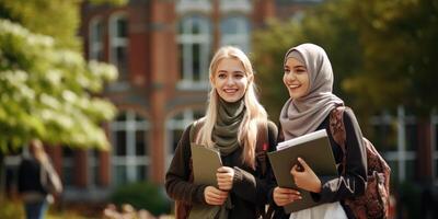 ai generado dos hermosa musulmán mujer muchachas en hijab Vamos a escuela. generativo ai foto