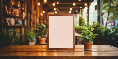 AI generated Mockup for menu in wooden frame on table, space for your text or product. Generative AI photo