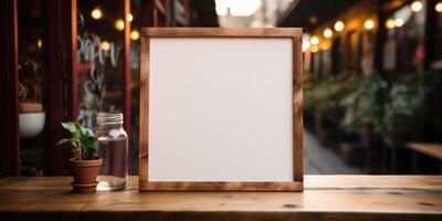 AI generated Mockup for menu in wooden frame on table, space for your text or product. Generative AI photo