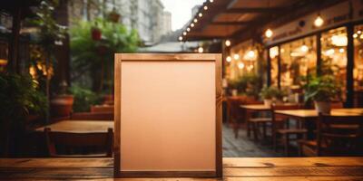 AI generated Mockup for menu in wooden frame on table, space for your text or product. Generative AI photo