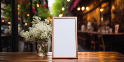 AI generated Mockup for menu in wooden frame on table, space for your text or product. Generative AI photo