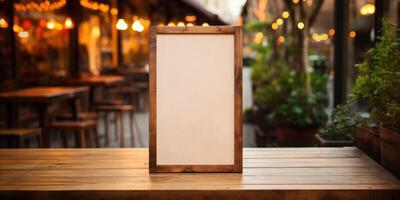AI generated Mockup for menu in wooden frame on table, space for your text or product. Generative AI photo