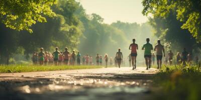 AI generated Blurred background of group of people in the park doing sports. Generative AI photo