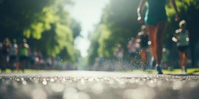 AI generated Blurred background of a group of people running in the park. Theme of sports. Generative AI photo