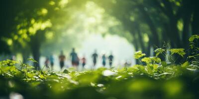 AI generated Blurred background of a group of people running in the park. Theme of sports. Generative AI photo