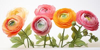 AI generated Bouquet of beautiful different flowers Ranunculus, on light background Generative AI photo