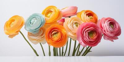 AI generated Bouquet of beautiful different flowers Ranunculus, on light background Generative AI photo