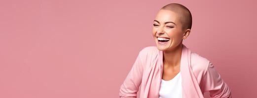 AI generated Happy bald woman who defeated the disease. Pink banner. Generative AI photo