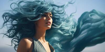 AI generated Beautiful young woman with blue hair against blue sky. Generative AI photo