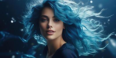 ai generado retrato de un hermosa joven mujer con azul cabello, generativo ai foto