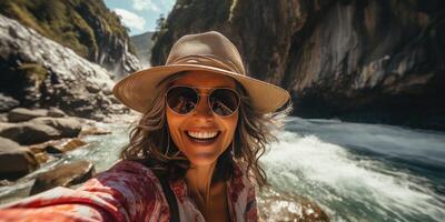 ai generado contento hembra turista toma un selfie en contra el fondo de un cascada. generativo ai foto