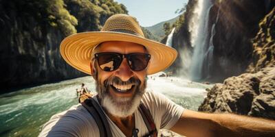 AI generated happy man tourist, theme of travel and recreation. Generative AI photo