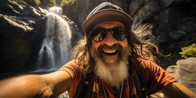 ai generado antiguo hombre en un sombrero toma un selfie en naturaleza. viaje tema. generativo ai foto